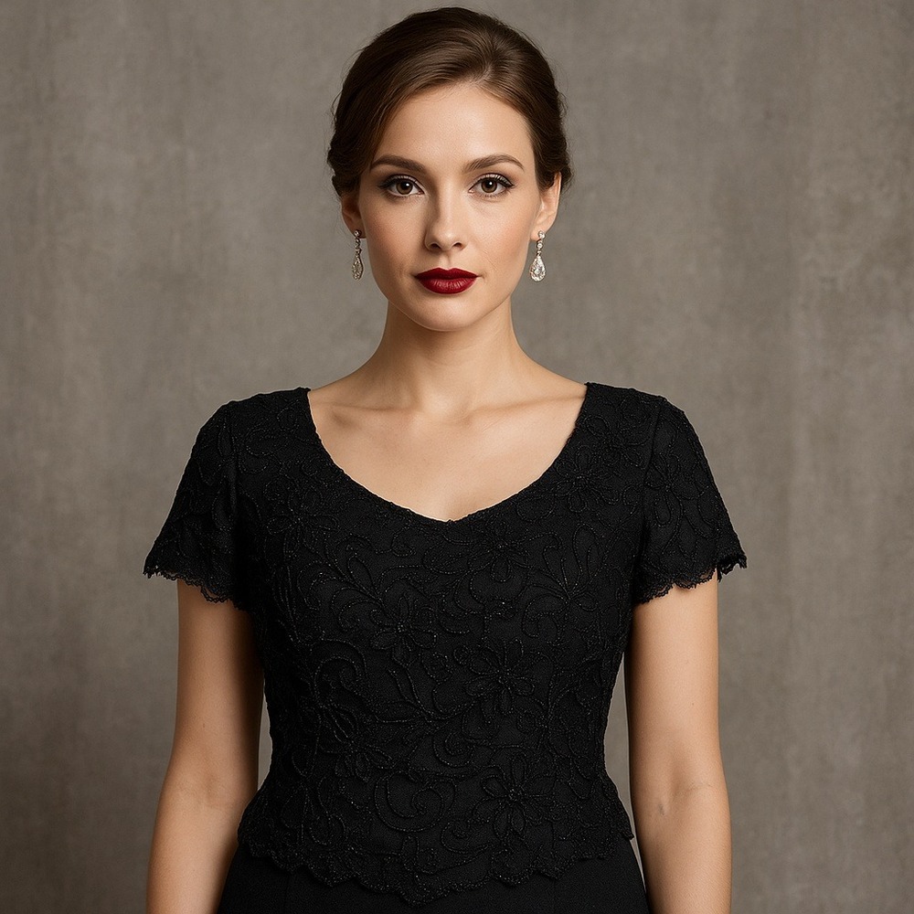 Carmen‎ Marc Valvo Black Beaded Lace Top Size 14 Evening Cocktail Blouse Elegant